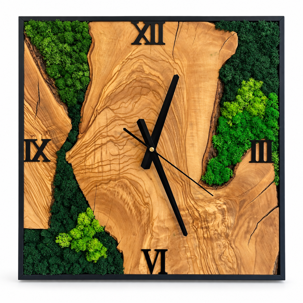 Wanduhr handgefertigt Natur 40cm | Holz & echtes Moos | Moosbild Holzuhr lautlos