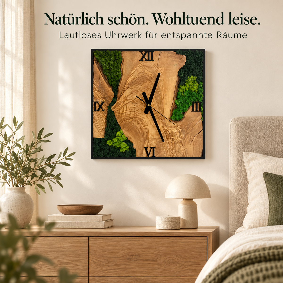 Wanduhr handgefertigt Natur 40cm | Holz & echtes Moos | Moosbild Holzuhr lautlos