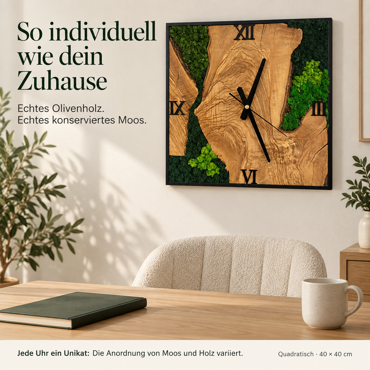 Wanduhr handgefertigt Natur 40cm | Holz & echtes Moos | Moosbild Holzuhr lautlos