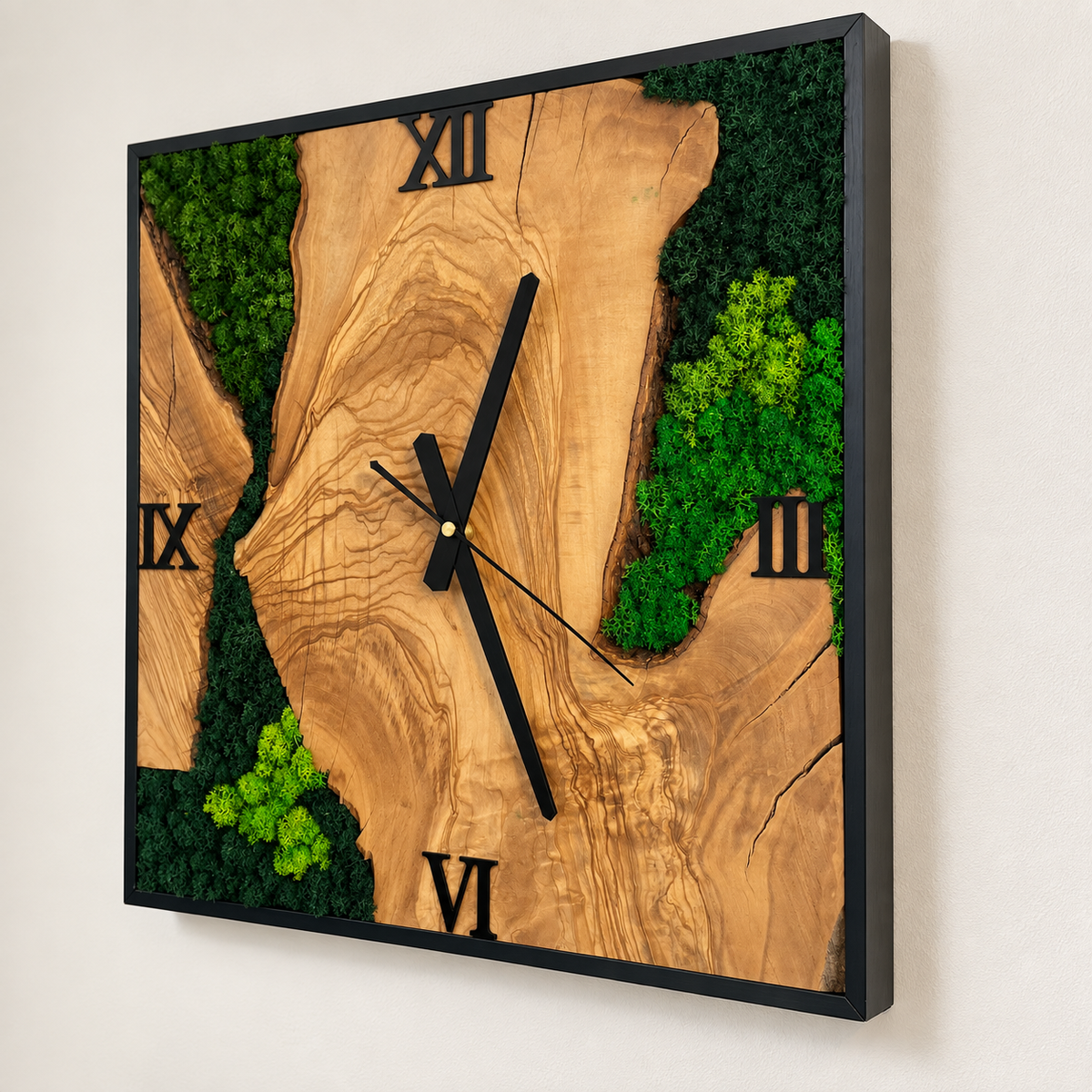 Wanduhr handgefertigt Natur 40cm | Holz & echtes Moos | Moosbild Holzuhr lautlos