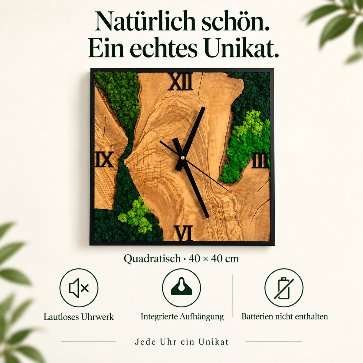 Wanduhr handgefertigt Natur 40cm | Holz & echtes Moos | Moosbild Holzuhr lautlos